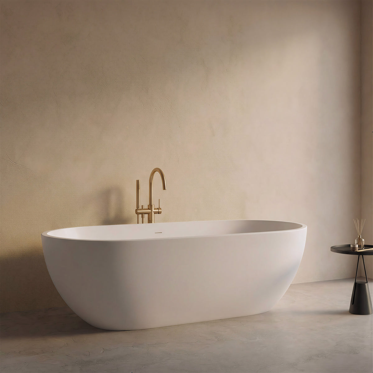 AURELLE 69-inch minimalist oval freestanding solid surface bathtub in white with gold faucet