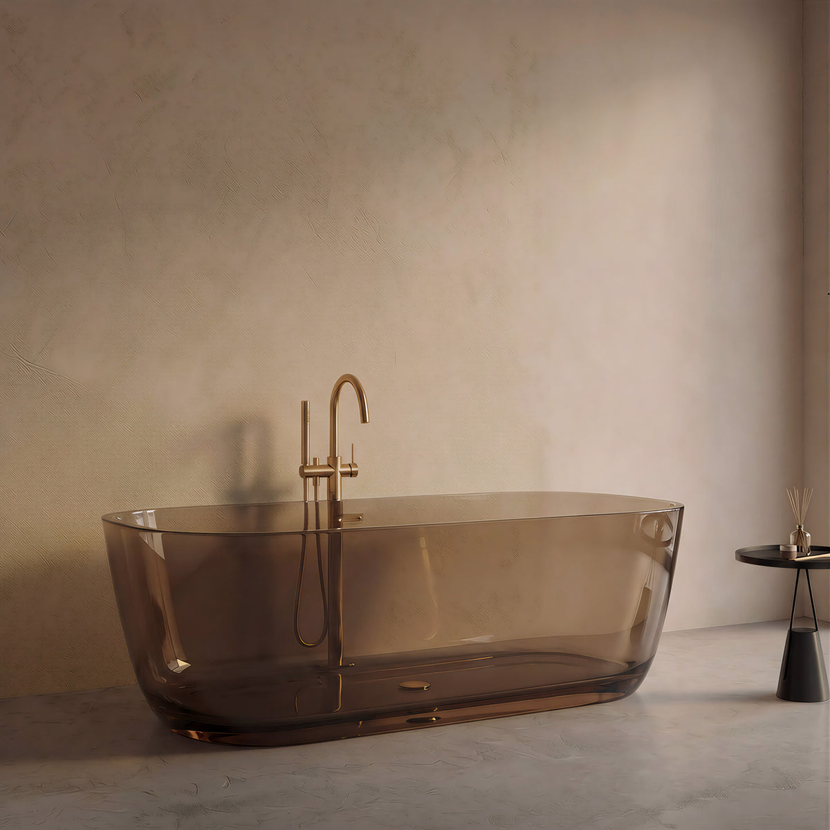AURELLE 69-inch minimalist oval freestanding solid surface bathtub in translucent amber with gold faucet