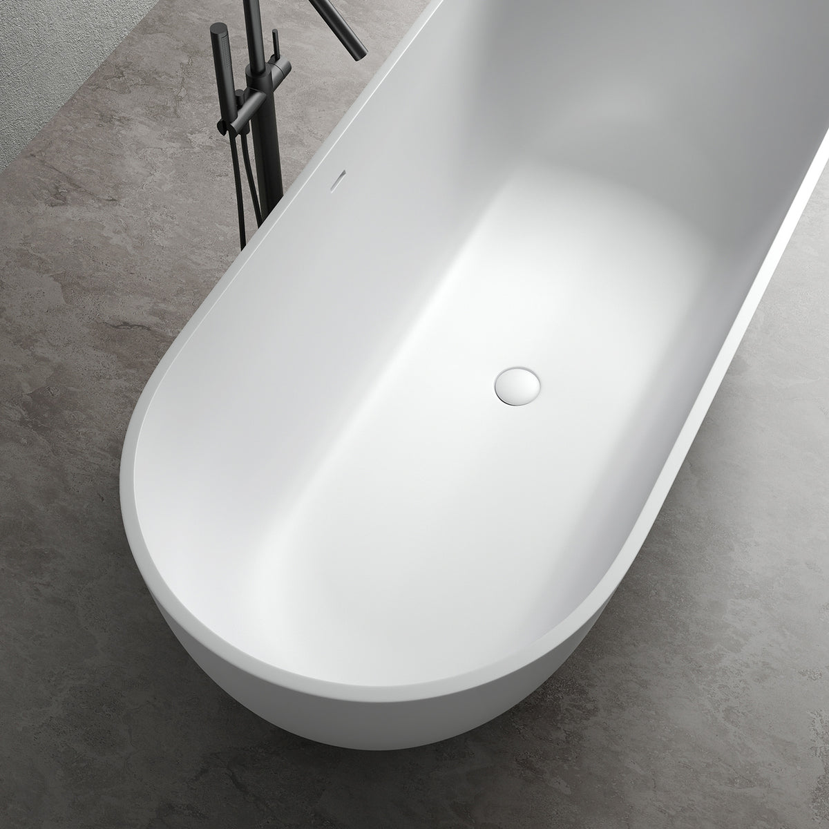 AURELLE 69-inch minimalist oval freestanding solid surface bathtub with sleek white finish and centered drain