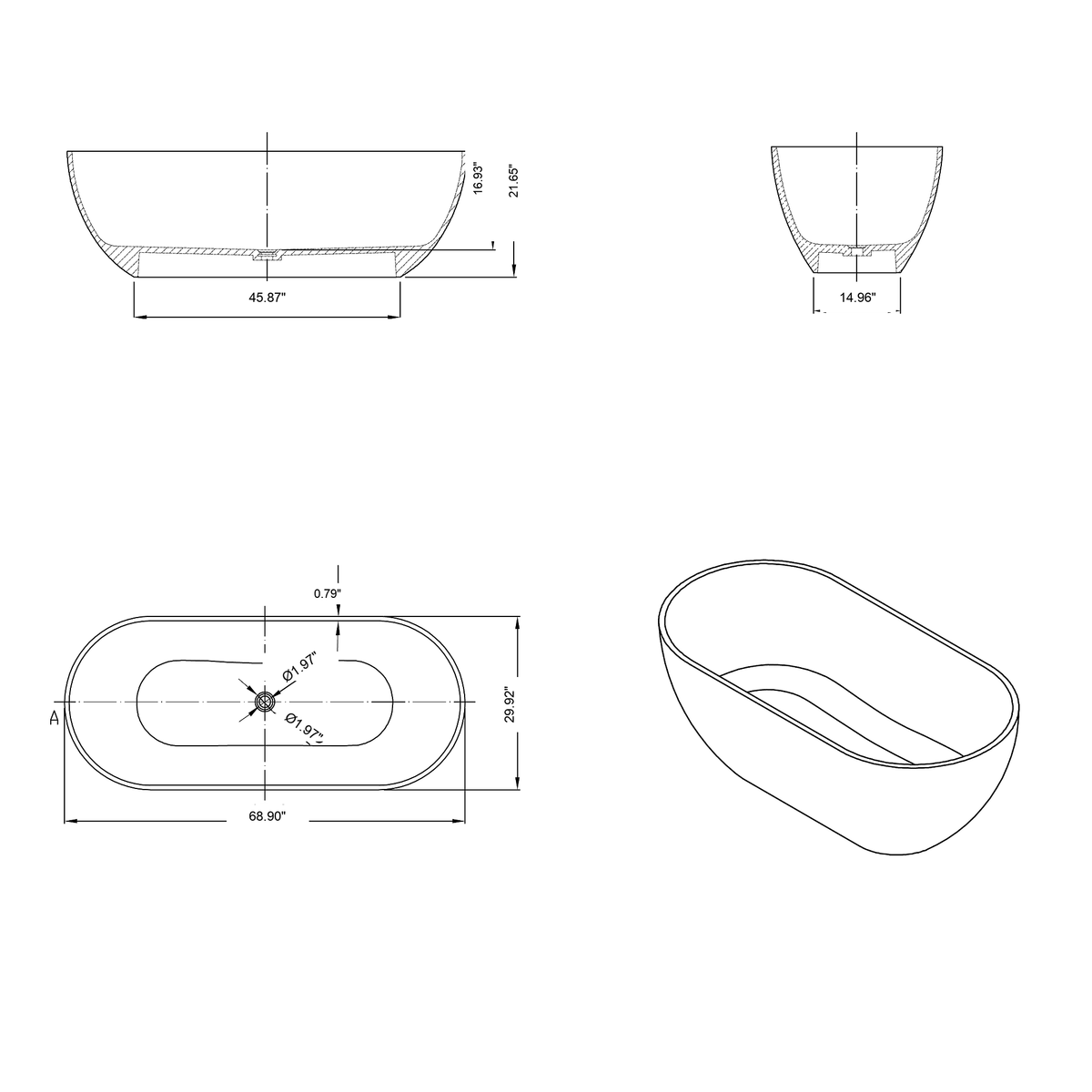 AURELLE freestanding solid surface bathtub technical drawing with dimensions and oval shape