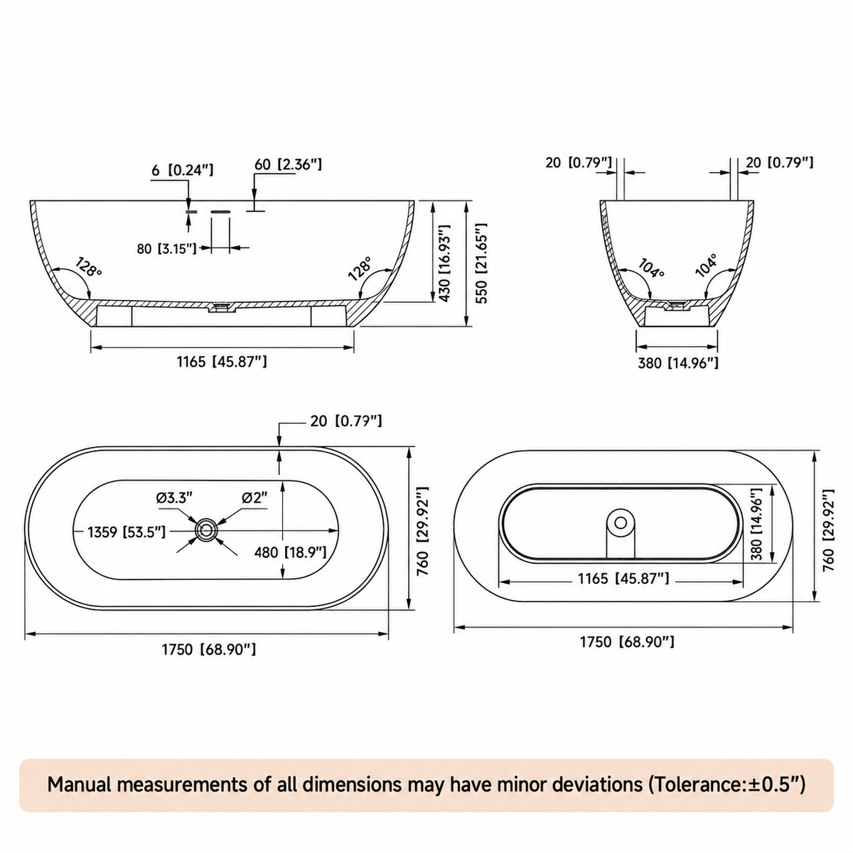 AURELLE freestanding solid surface bathtub technical drawing with dimensions and oval shape