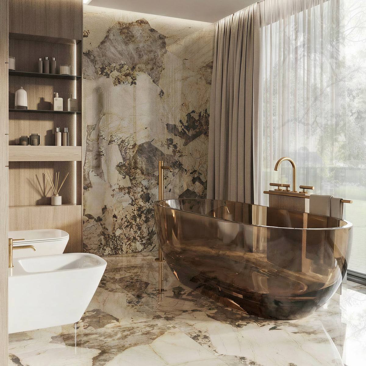 AURELLE 69-inch minimalist oval freestanding solid surface bathtub in bronze finish with gold faucet in marble bathroom