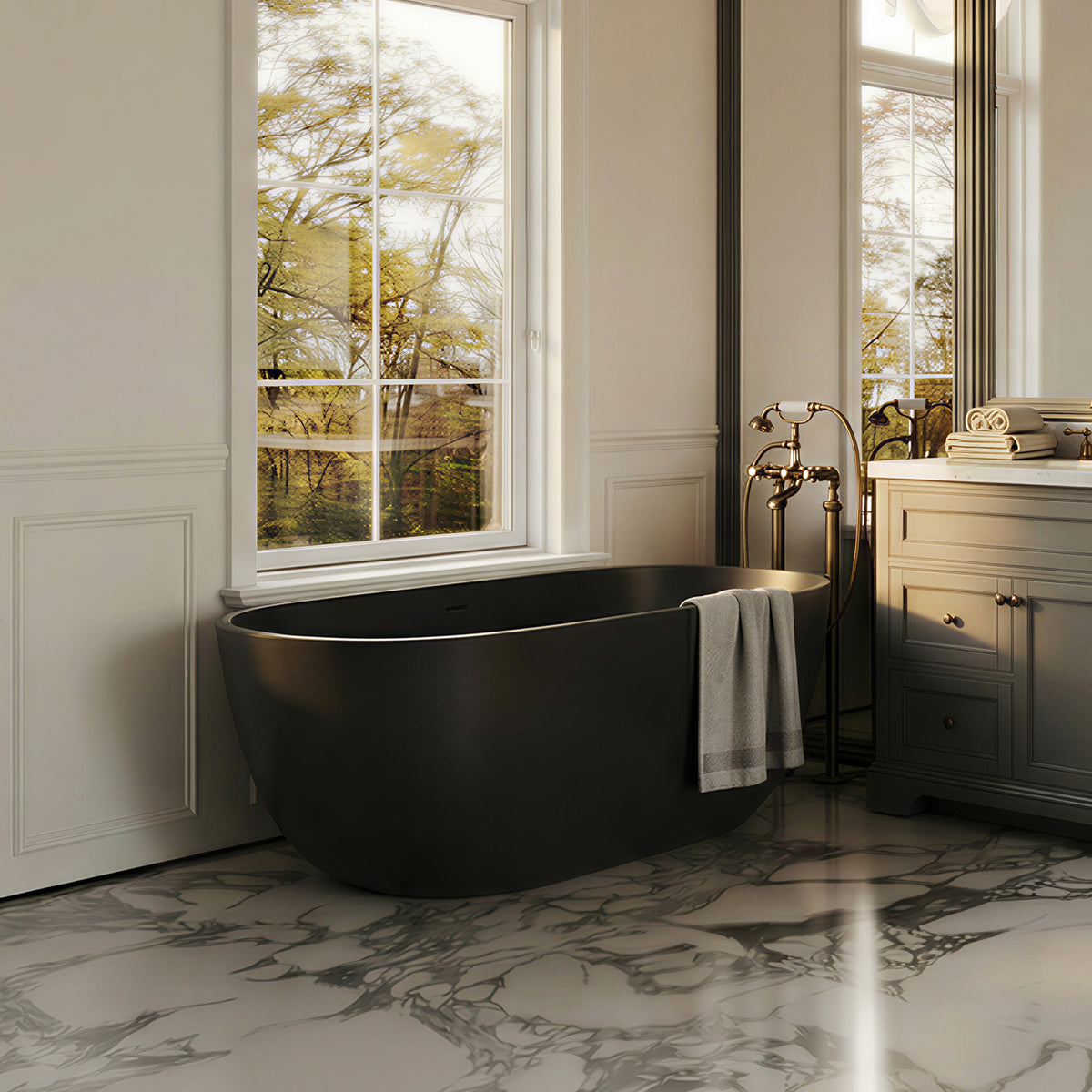 AURELLE 69-inch minimalist oval freestanding solid surface bathtub in matte black with towel, floor-mounted faucet