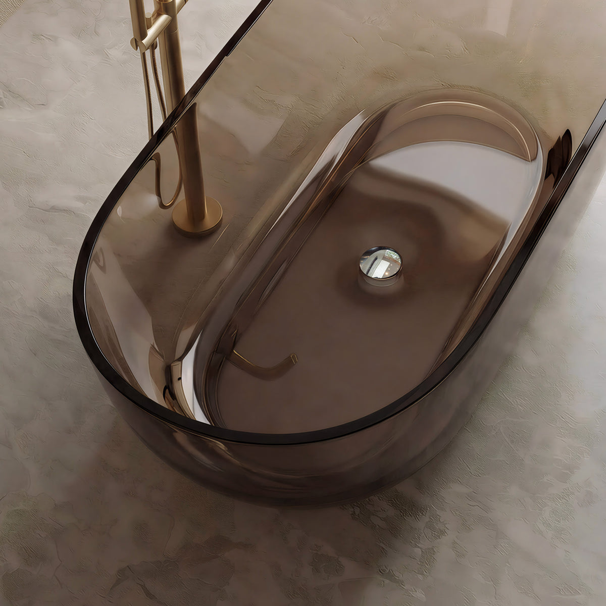AURELLE 69-inch minimalist oval freestanding solid surface bathtub in translucent brown with gold floor-mounted faucet