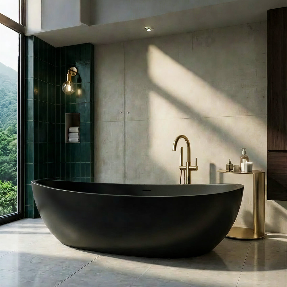 CALMAE 65-inch freestanding solid surface soaking bathtub in matte black oval shape with brass floor-mounted faucet