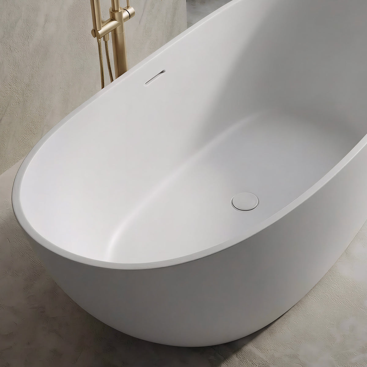 CALMAE 65-inch freestanding solid surface soaking bathtub with oval shape and overflow drain