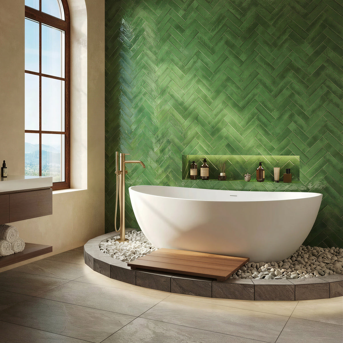 CALMAE 65-inch freestanding solid surface soaking bathtub in white oval shape with gold faucet on pebble base