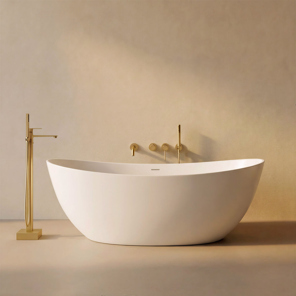 CALMAE 65-inch freestanding solid surface soaking bathtub in white oval shape with brushed gold floor-mounted faucet