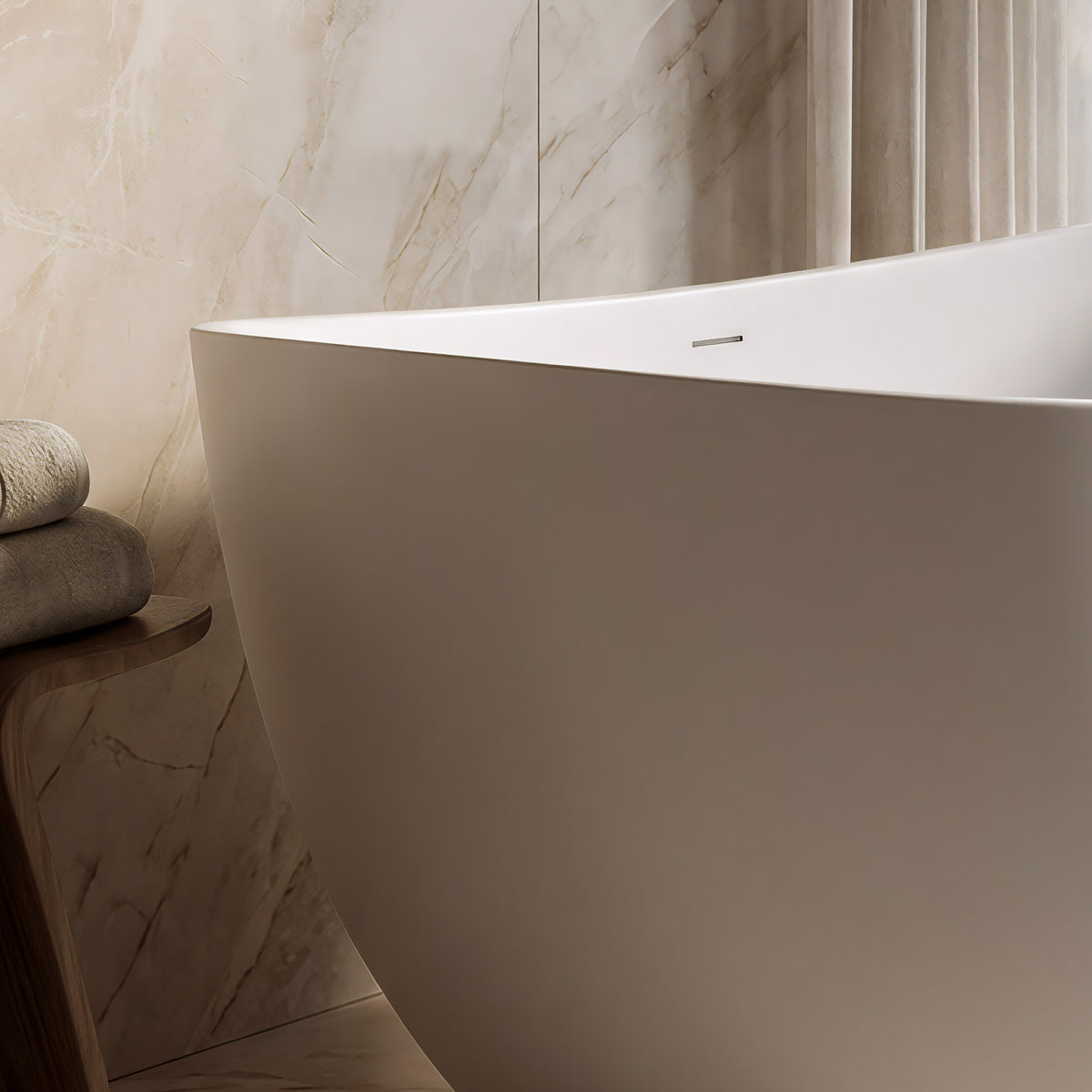 CALMAE 65-inch freestanding solid surface soaking tub with high back and slim overflow, shown in a marble bathroom