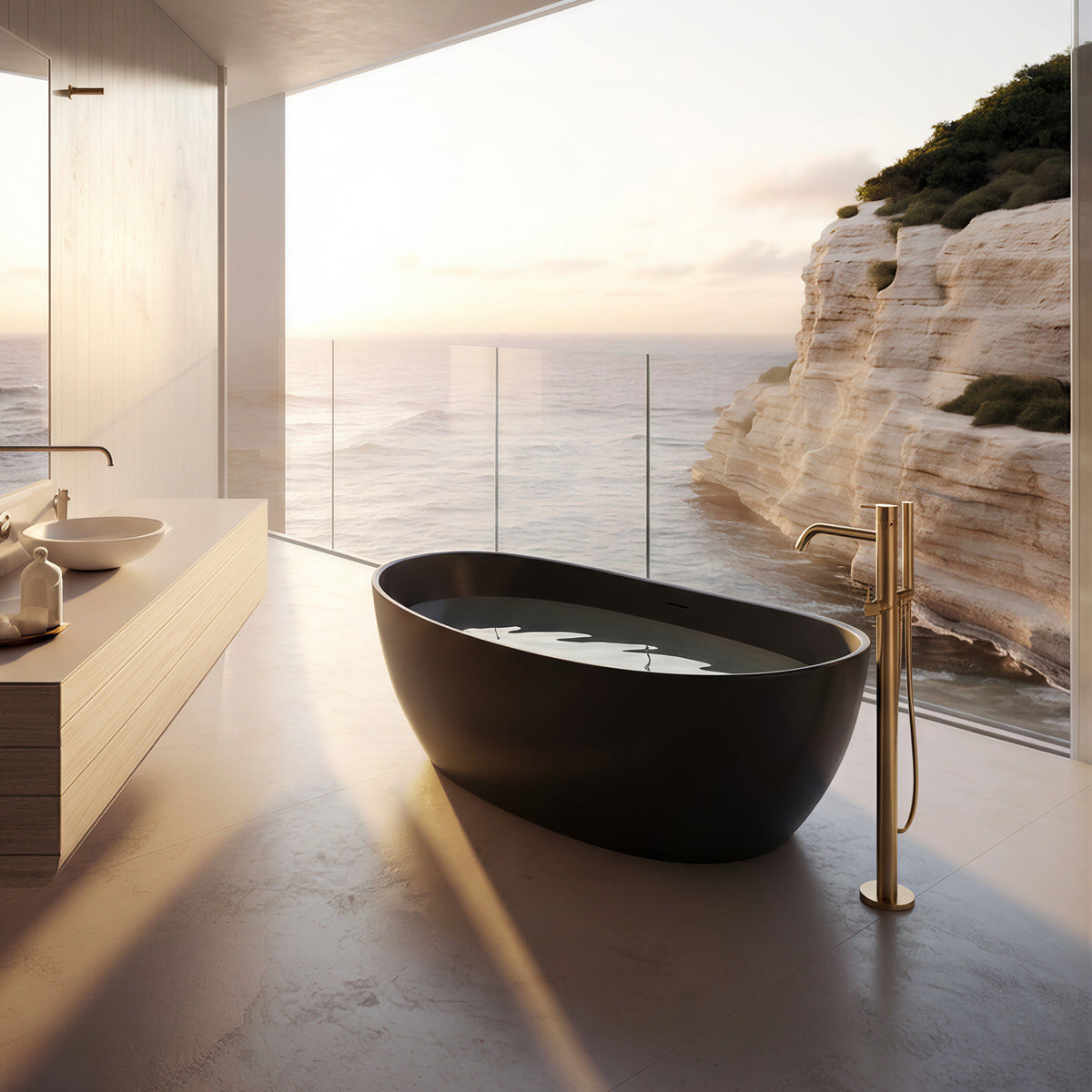 CALMAE 65-inch freestanding solid surface soaking bathtub in matte black, oval shape with floor-mounted gold faucet