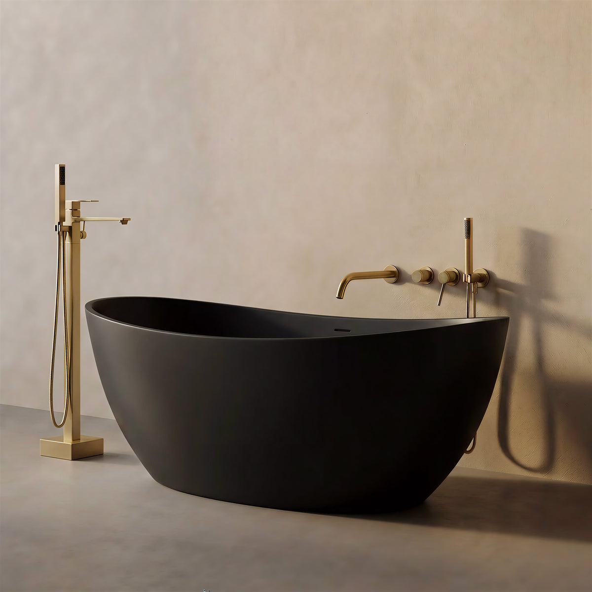 CALMAE 65-inch freestanding solid surface soaking bathtub in matte black oval shape with brushed gold wall-mounted faucet