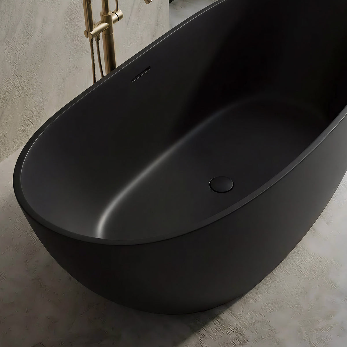 CALMAE 65-inch freestanding solid surface soaking bathtub in matte black oval shape with overflow drain