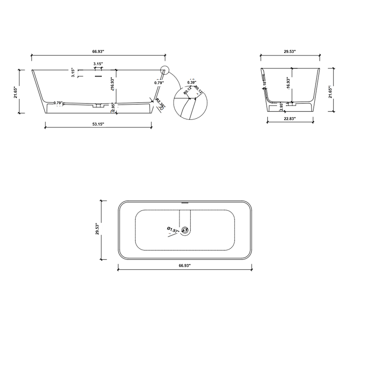 ELVORA freestanding solid surface bathtub technical drawing with dimensions