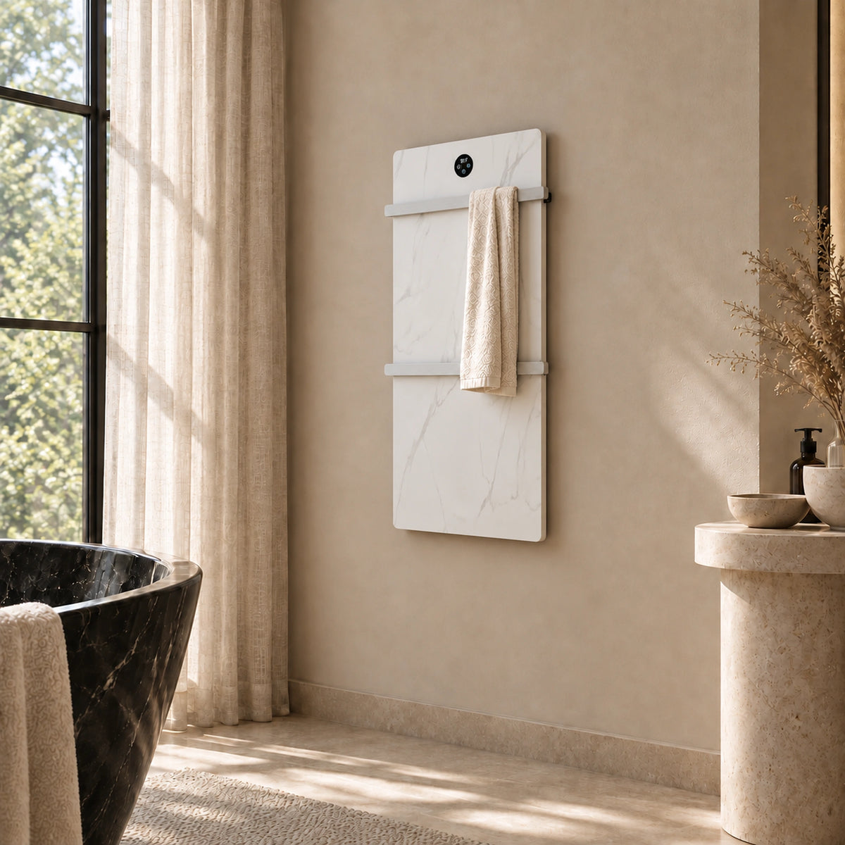 Inyouths Haloa shelf sintered stone heated towel rack side view in bathroom setting