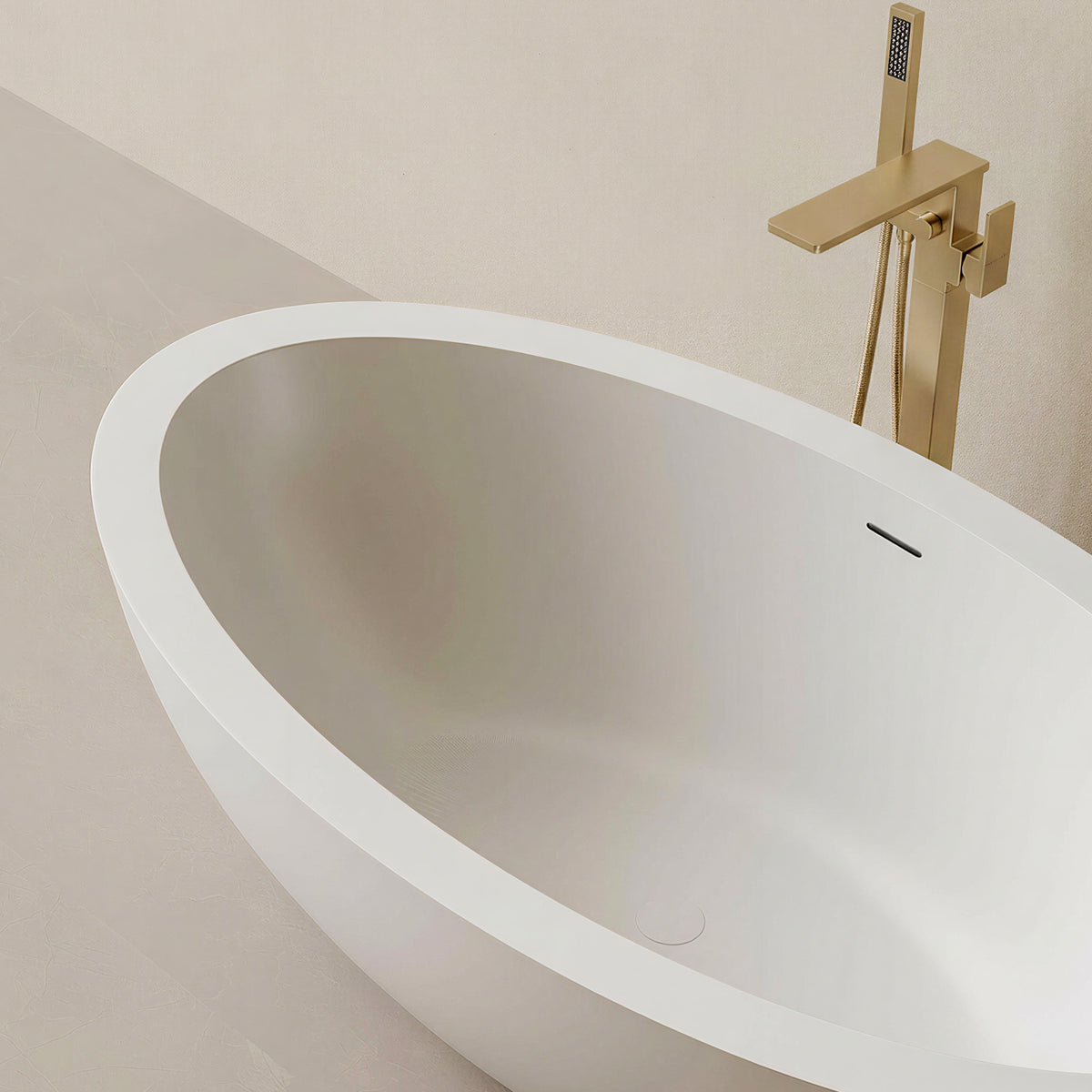 LUNARA freestanding solid surface soaking bathtub with oval shape and brushed gold floor-mounted faucet