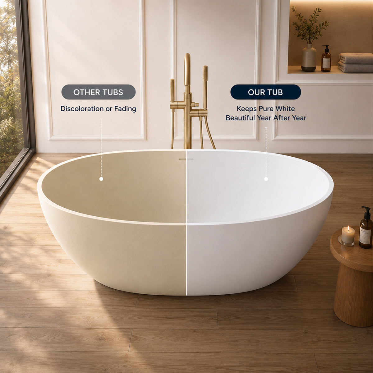 LUNARA freestanding solid surface soaking bathtub with split view showing color retention comparison