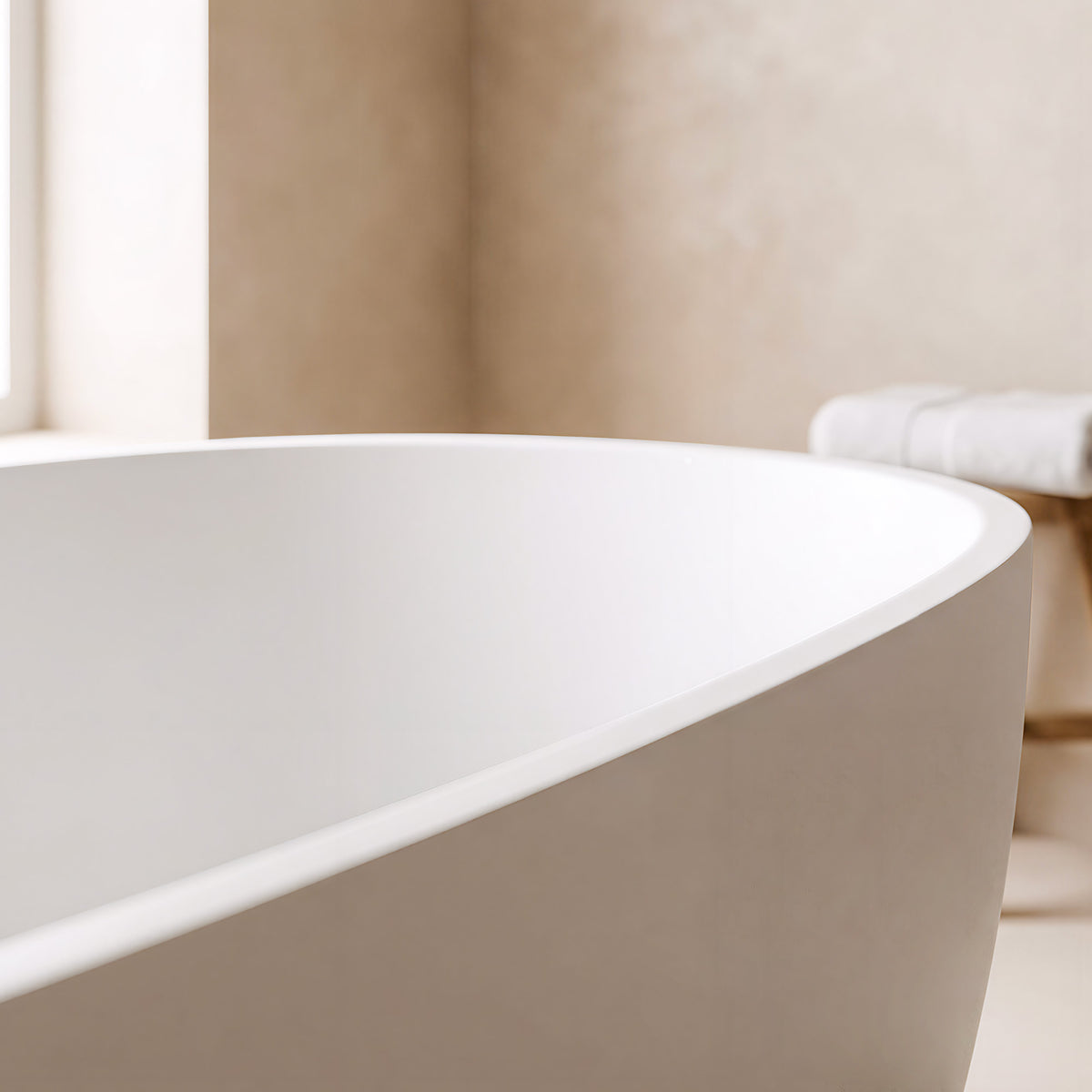 LUNARA freestanding solid surface soaking bathtub with smooth curved rim in a beige bathroom