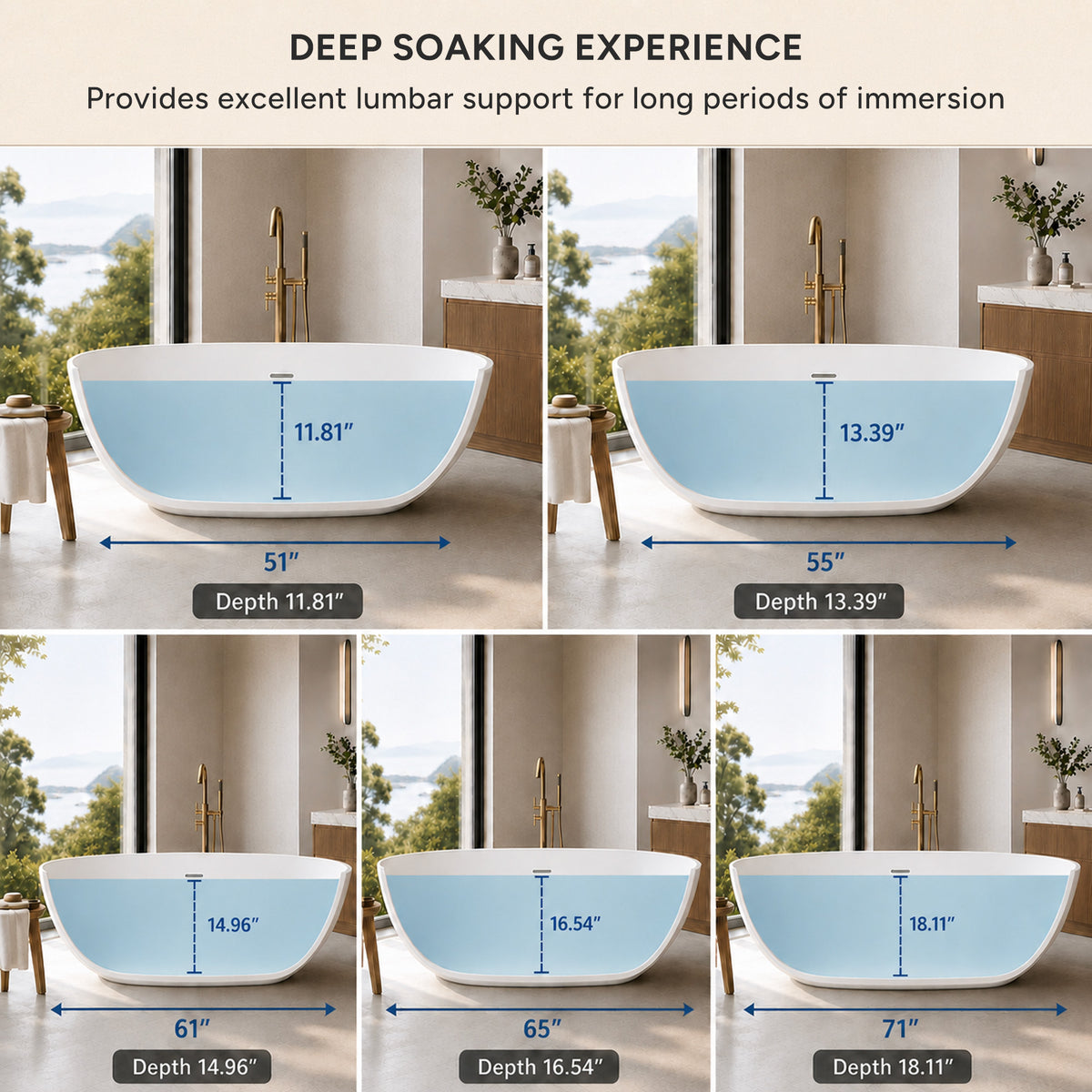 LUNARA freestanding solid surface soaking bathtub with deep water depth measurements for lumbar support