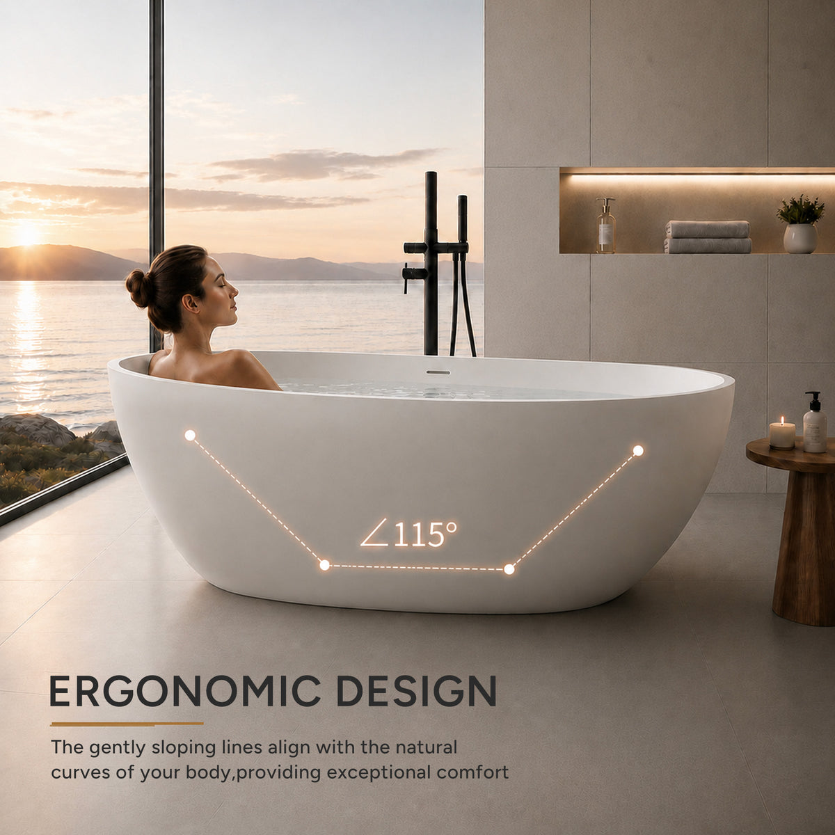 LUNARA freestanding soaking bathtub with ergonomic 115-degree design, shown in a serene bathroom with ocean view