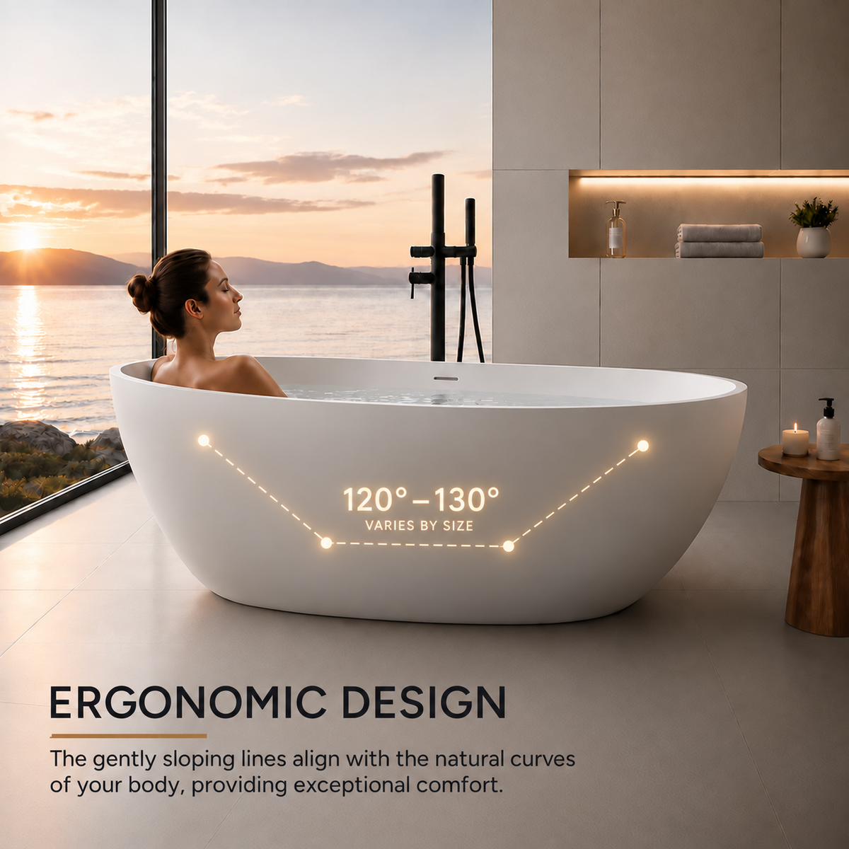 LUNARA freestanding soaking bathtub with ergonomic 120-degree design, shown in a serene bathroom with ocean view