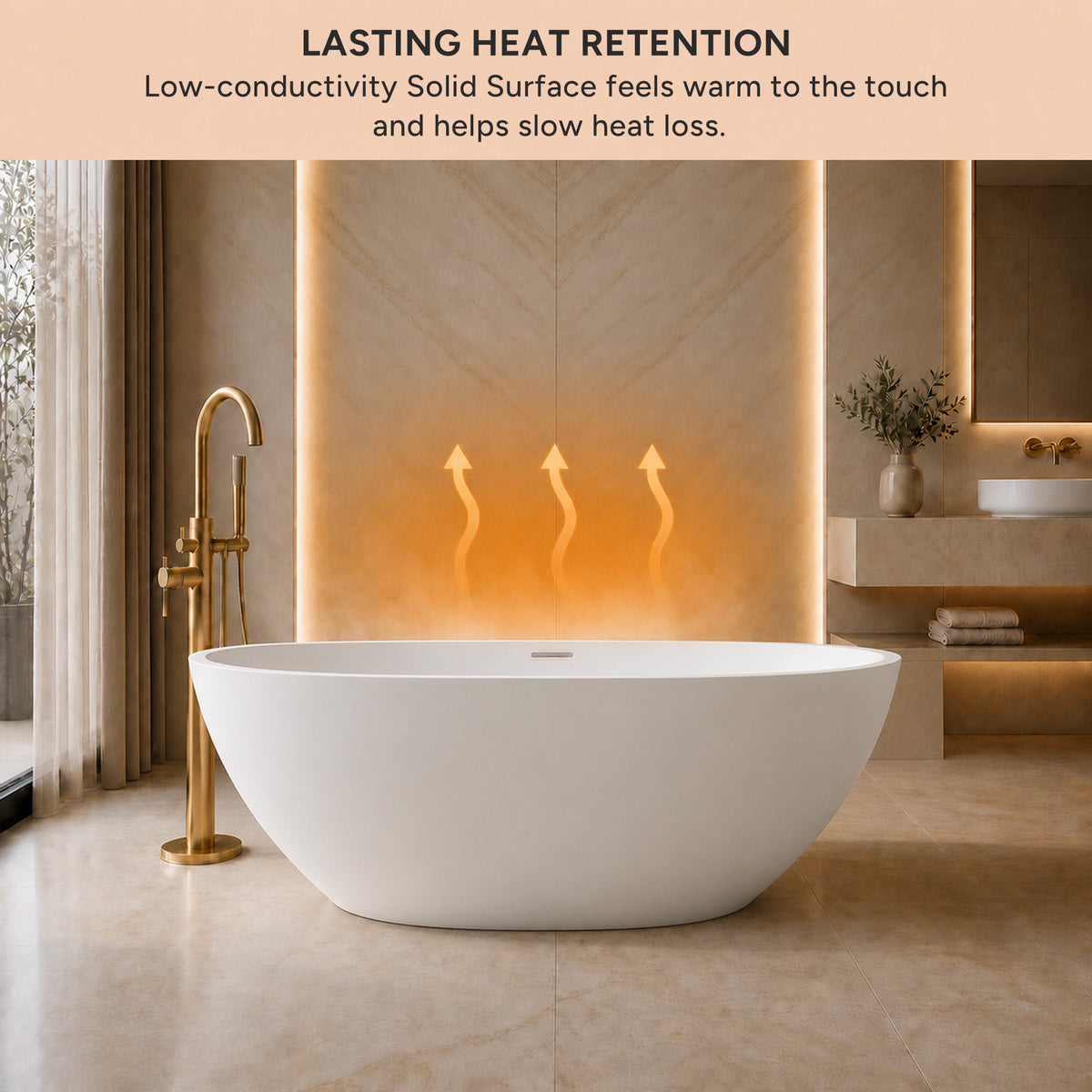 LUNARA freestanding solid surface soaking bathtub with heat retention arrows showing warmth