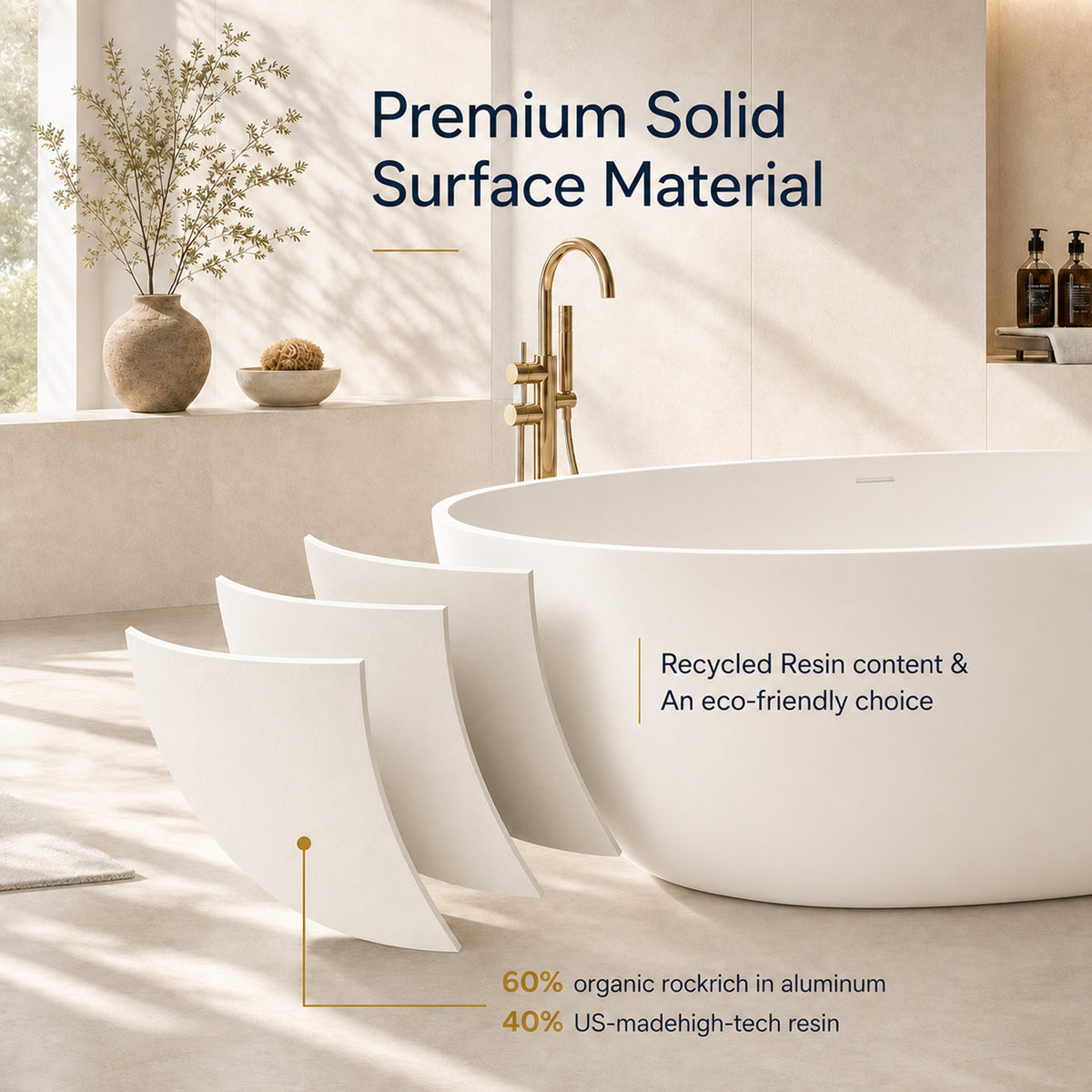 LUNARA freestanding soaking bathtub showcasing premium solid surface material with recycled resin content