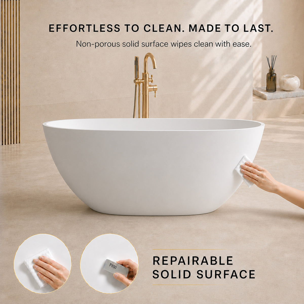 LUNARA freestanding solid surface soaking bathtub with hand wiping non-porous surface