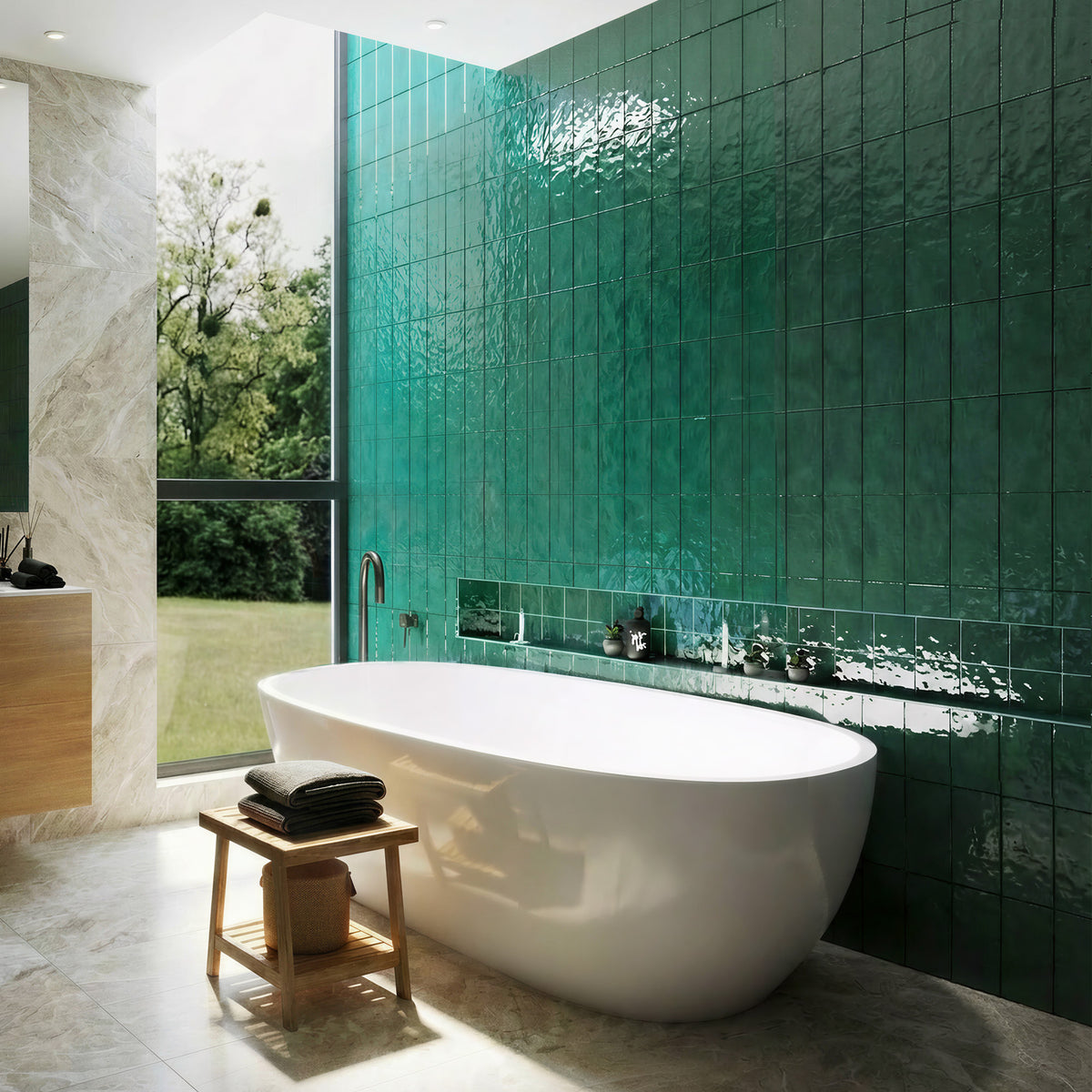 LUNARA freestanding soaking bathtub in white oval shape against green tiled wall