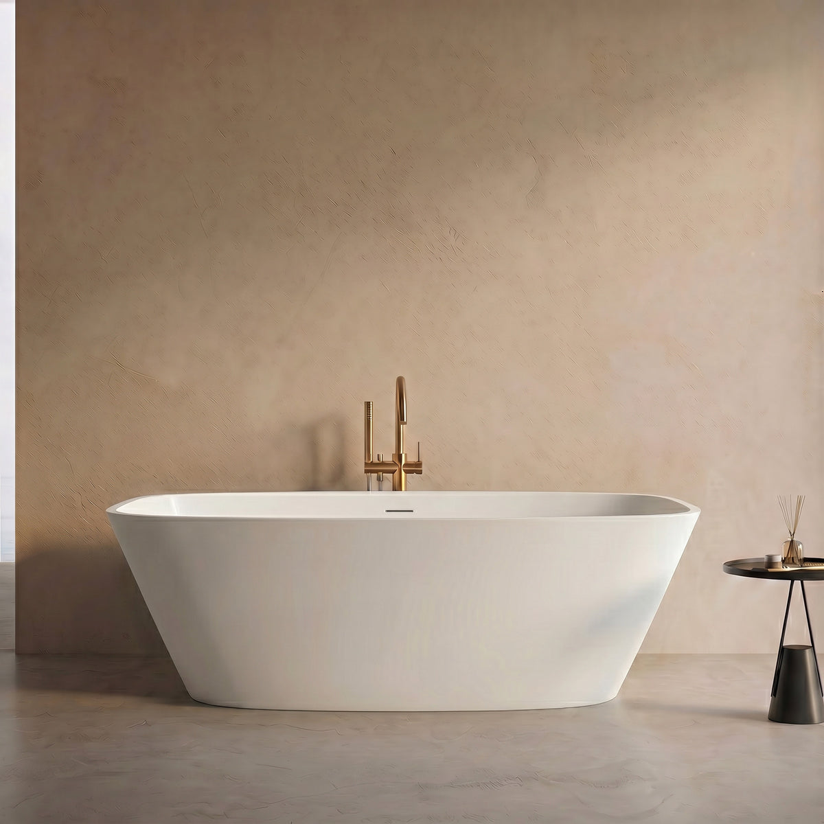 LYCARA freestanding solid surface soaking bathtub in white with brushed gold faucet, modern bathroom