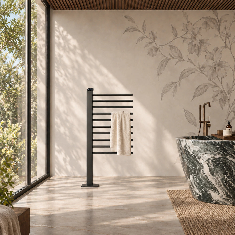 Inyouths Monarel vertical heated towel rack installed in modern bathroom setting