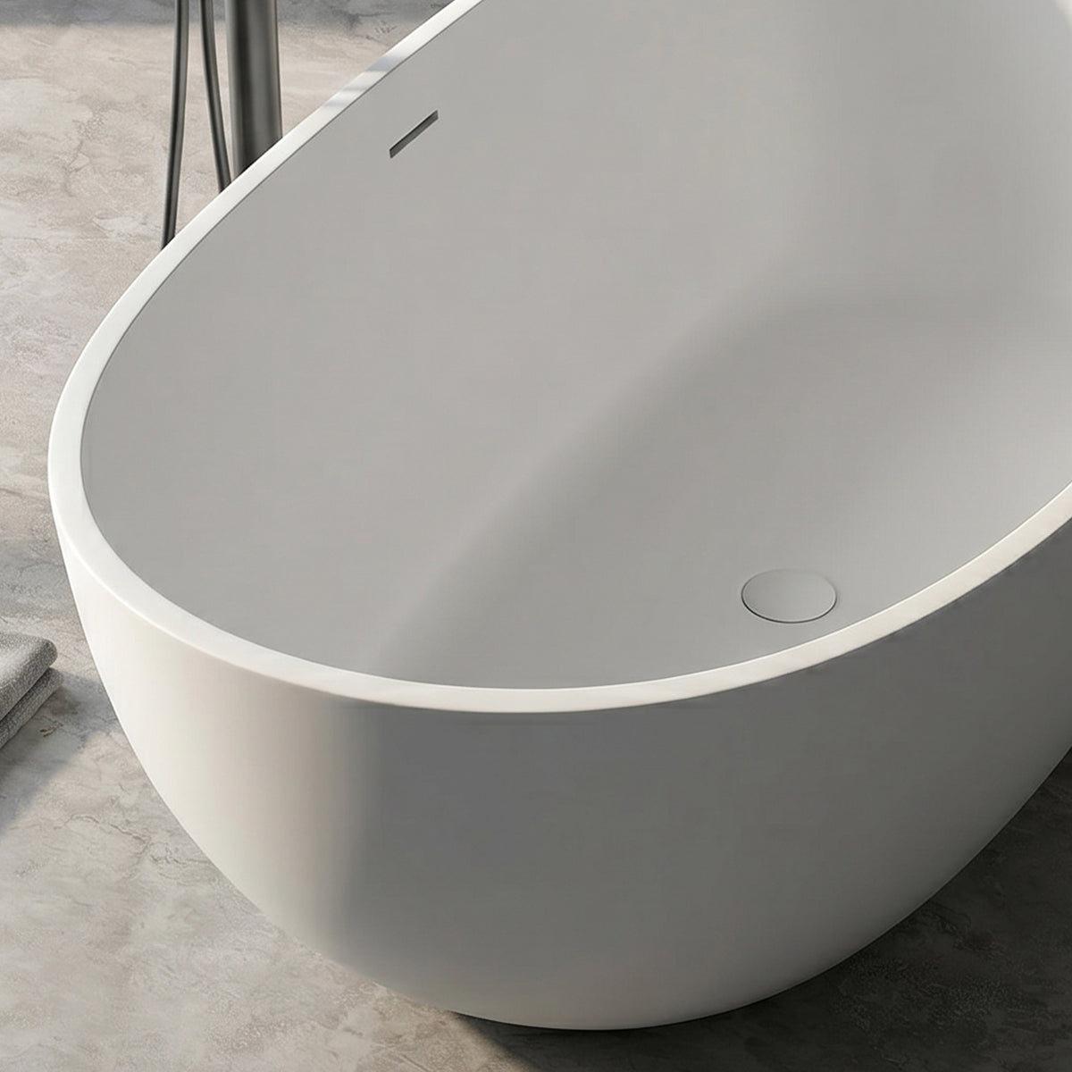 NOCTARA 67-inch freestanding solid surface soaking bathtub for two, oval white design with integrated overflow and drain