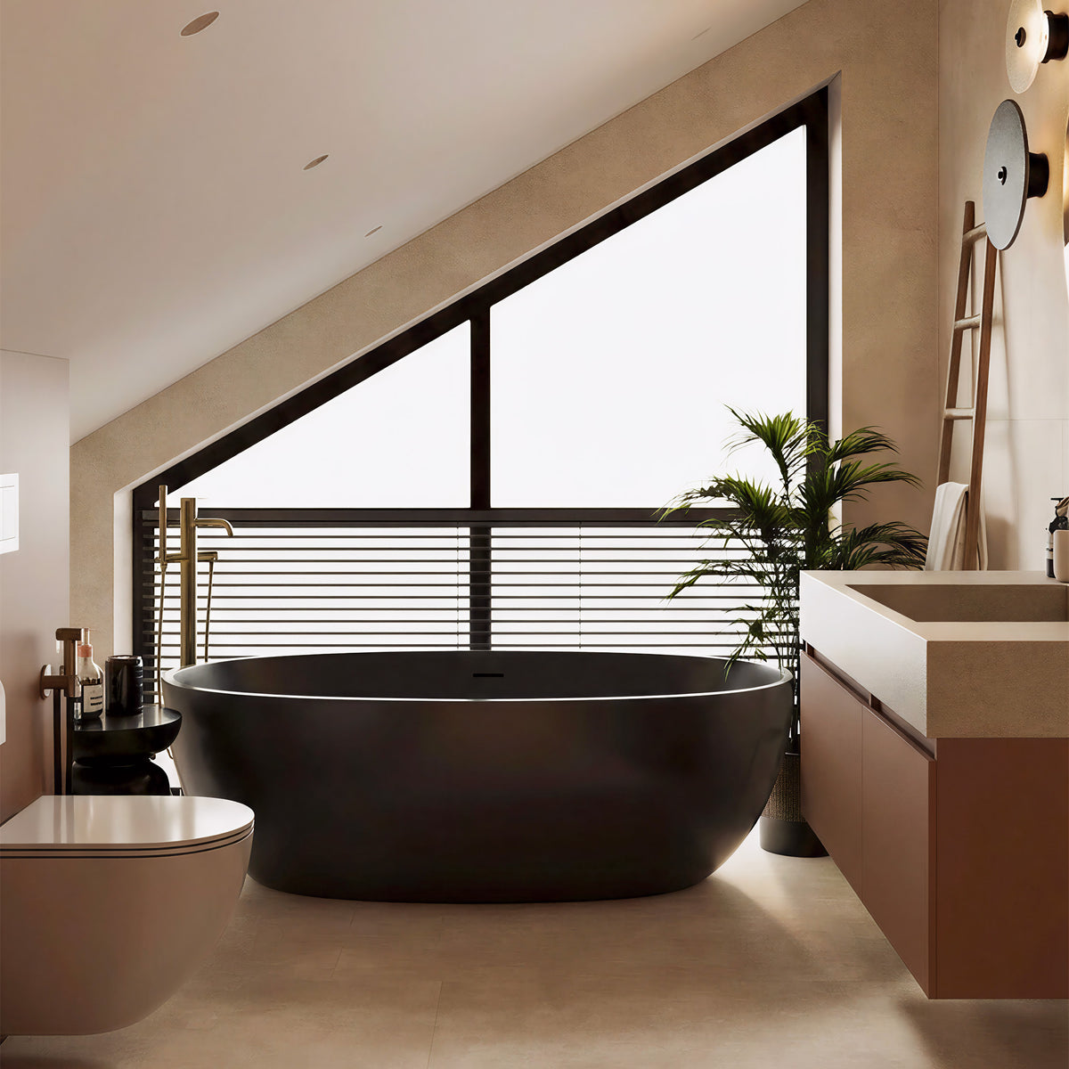 Obsidian 59-inch freestanding solid surface soaking bathtub in matte black oval design under angled window