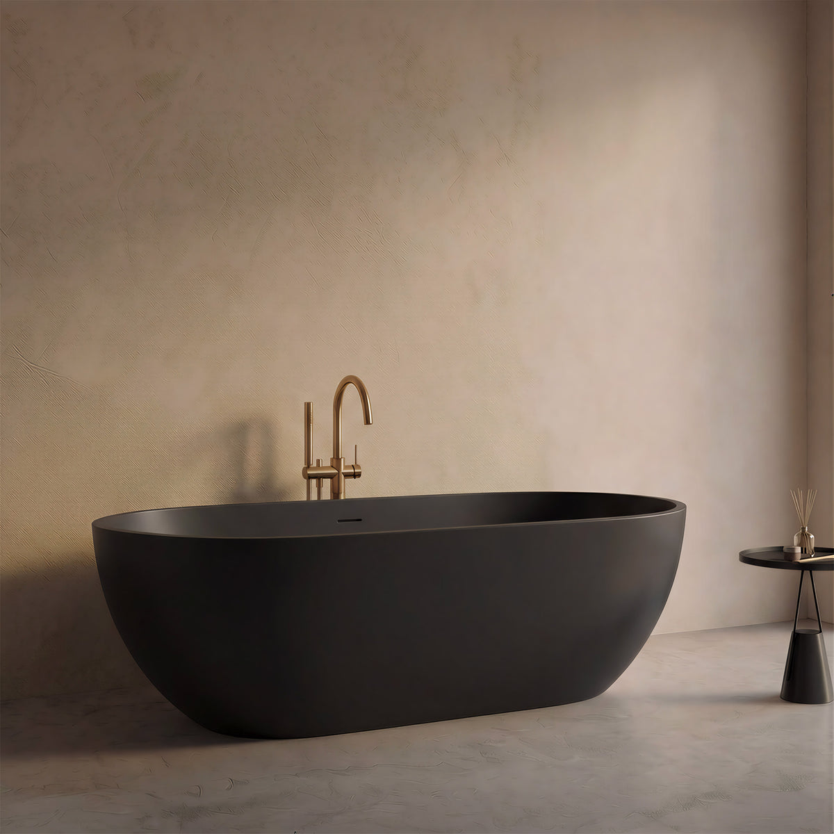 OBSIDIAN 59-inch matte black solid surface bathtub, three-quarter side view in a warm beige bathroom