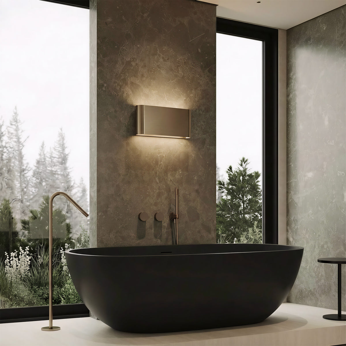 OBSIDIAN 59-inch freestanding solid surface soaking bathtub in matte black oval shape with floor-mounted faucet