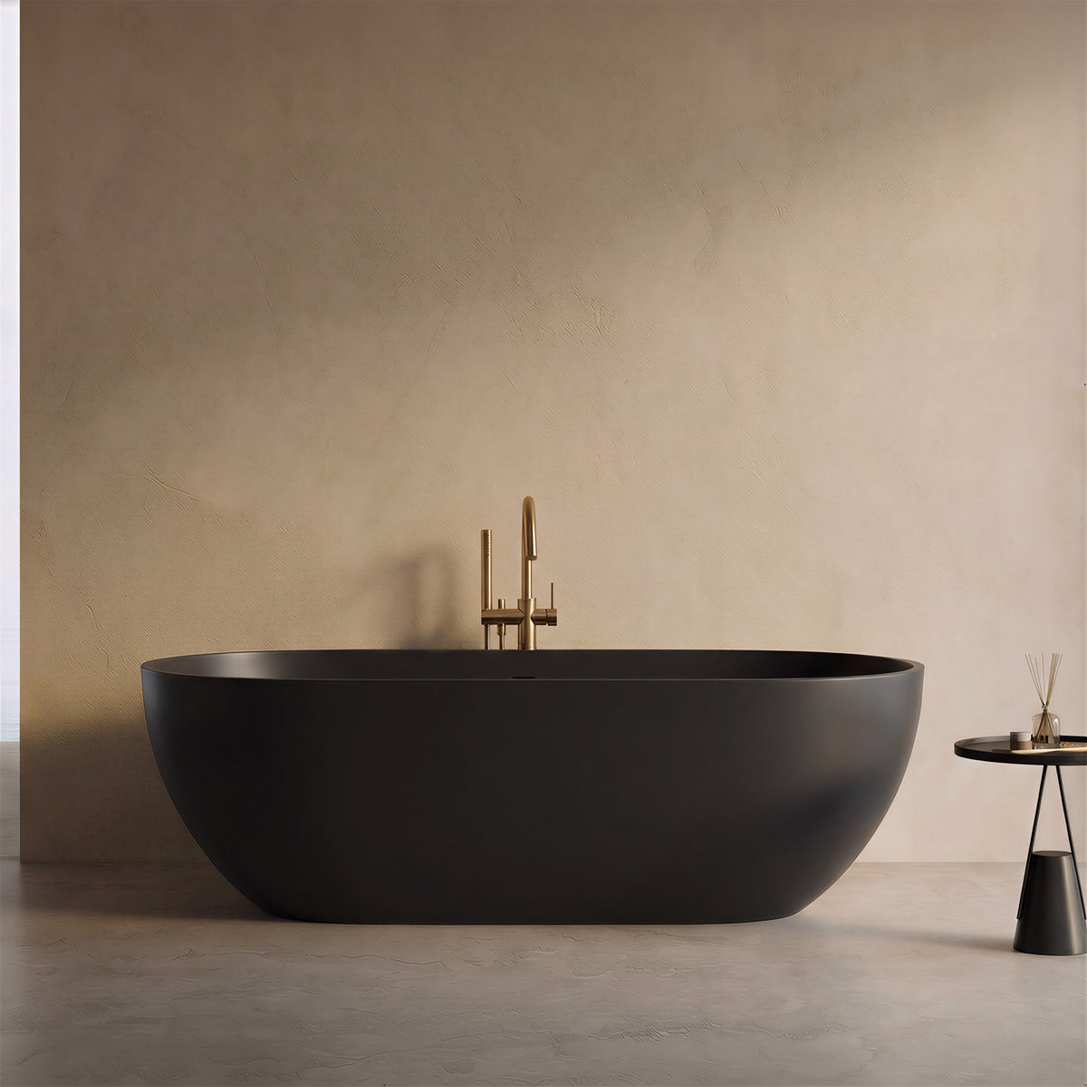 OBSIDIAN 59-inch matte black solid surface bathtub, straight-on view with brushed gold floor faucet