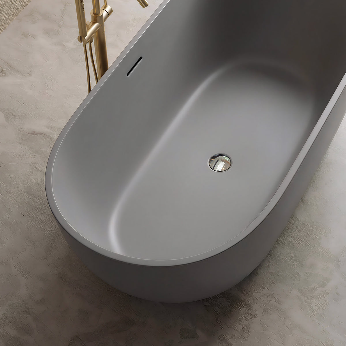 OBSIDIAN 59-inch freestanding solid surface soaking tub with oval shape and chrome drain