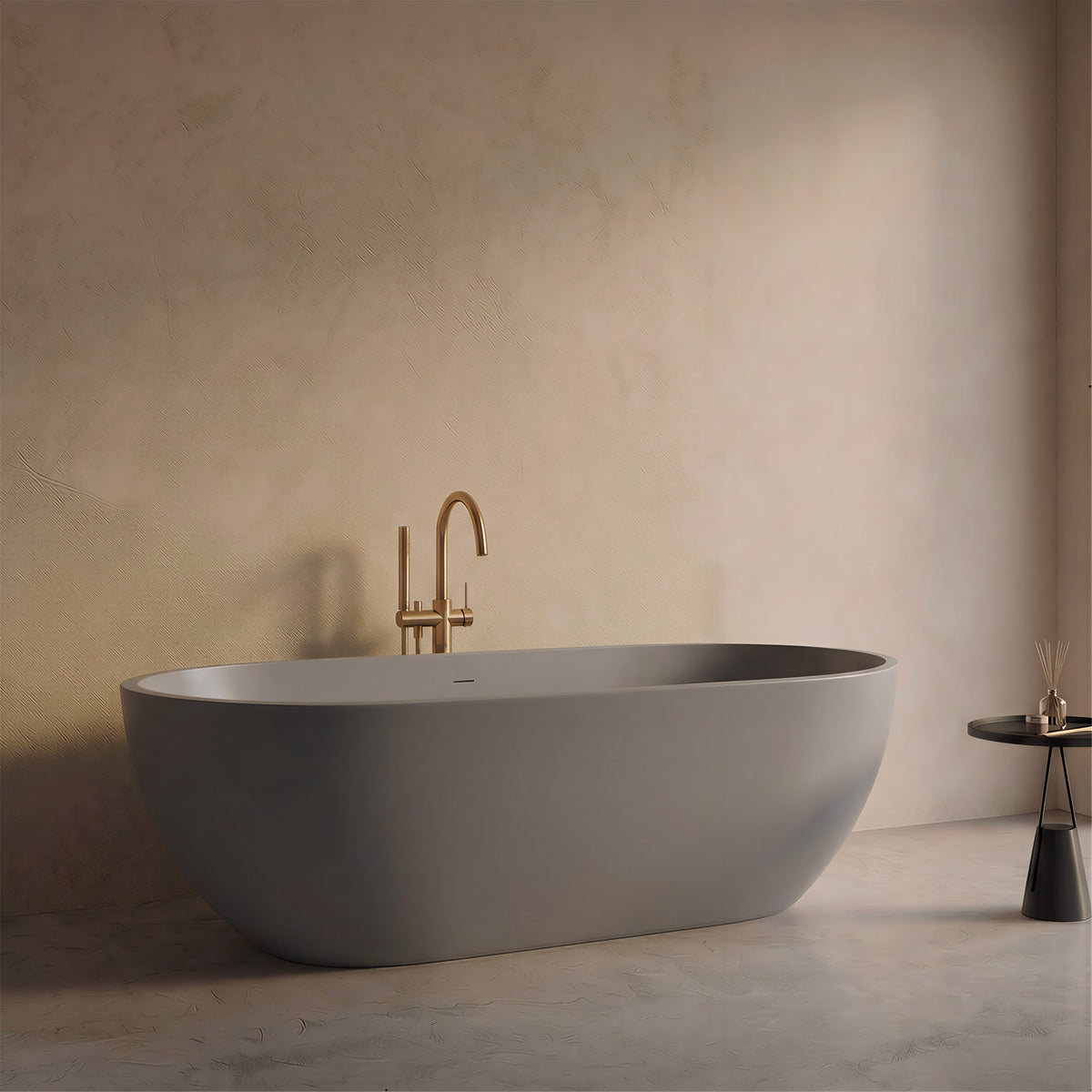 OBSIDIAN freestanding solid surface soaking bathtub in oval shape with brushed gold faucet