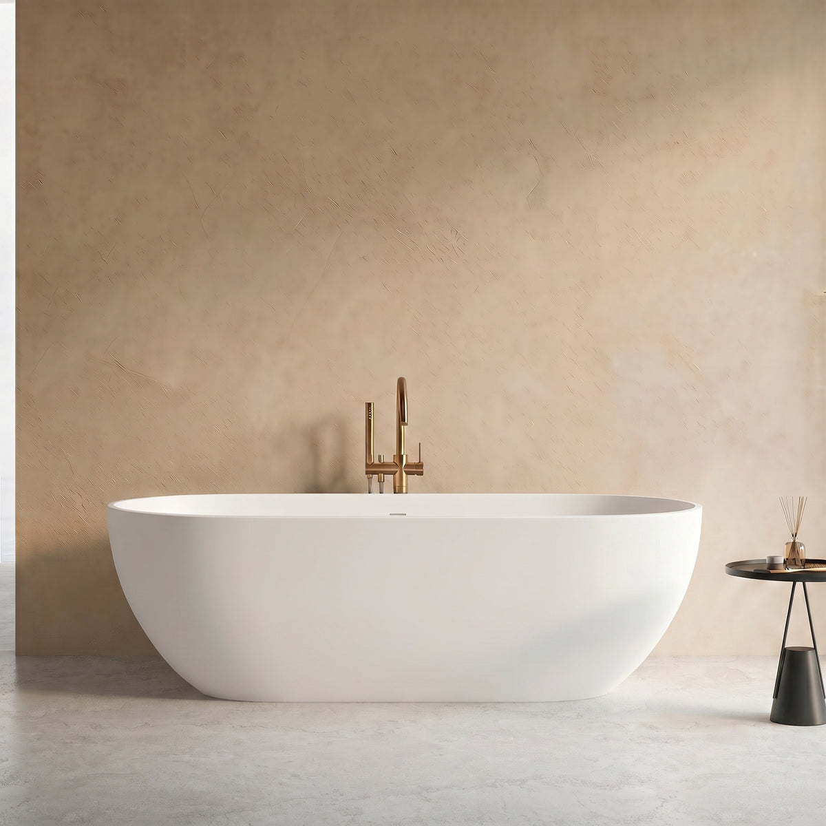 OBSIDIAN 59-inch freestanding solid surface soaking bathtub in white oval shape with gold floor-mounted faucet