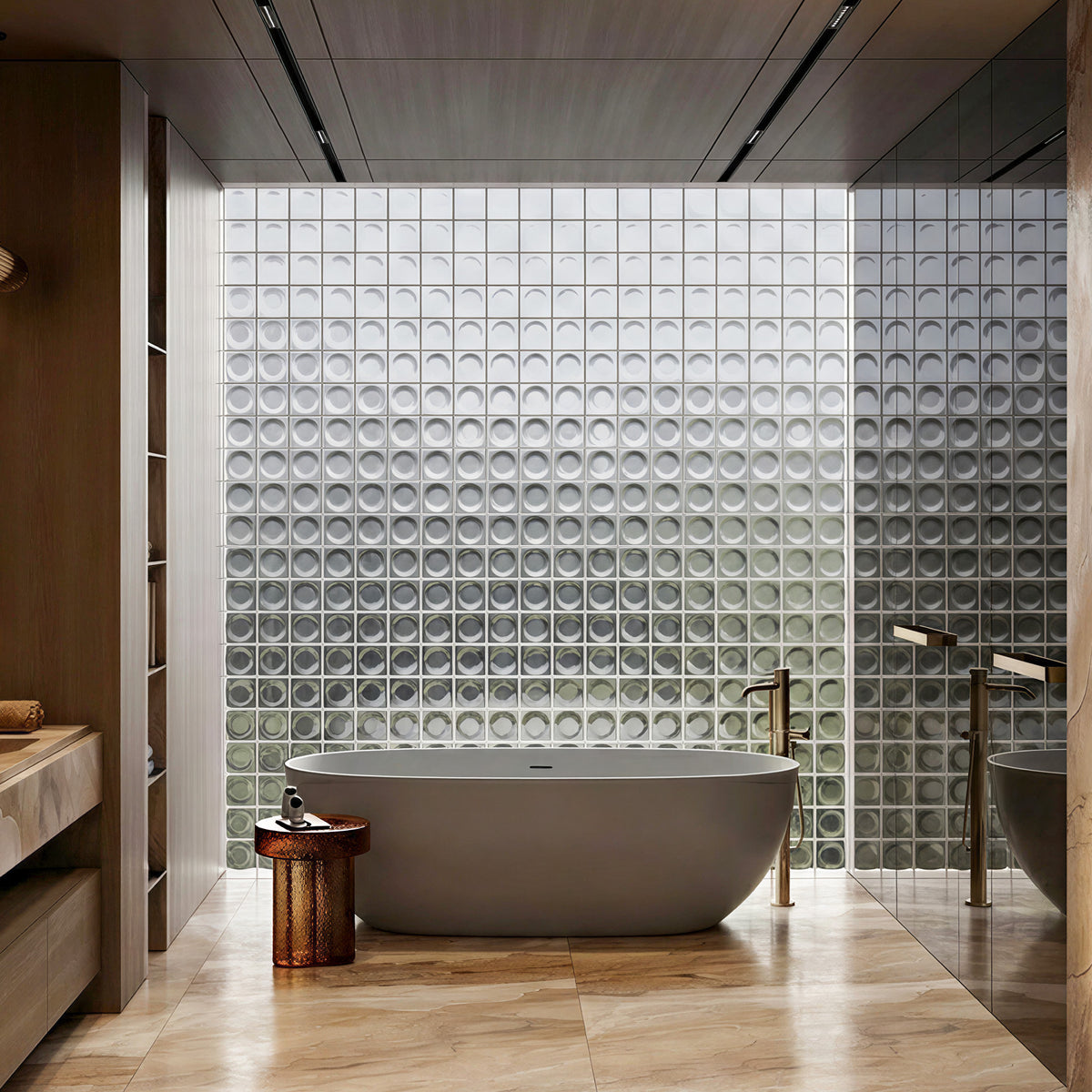 OBSIDIAN freestanding solid surface soaking tub in oval matte white against textured glass block wall
