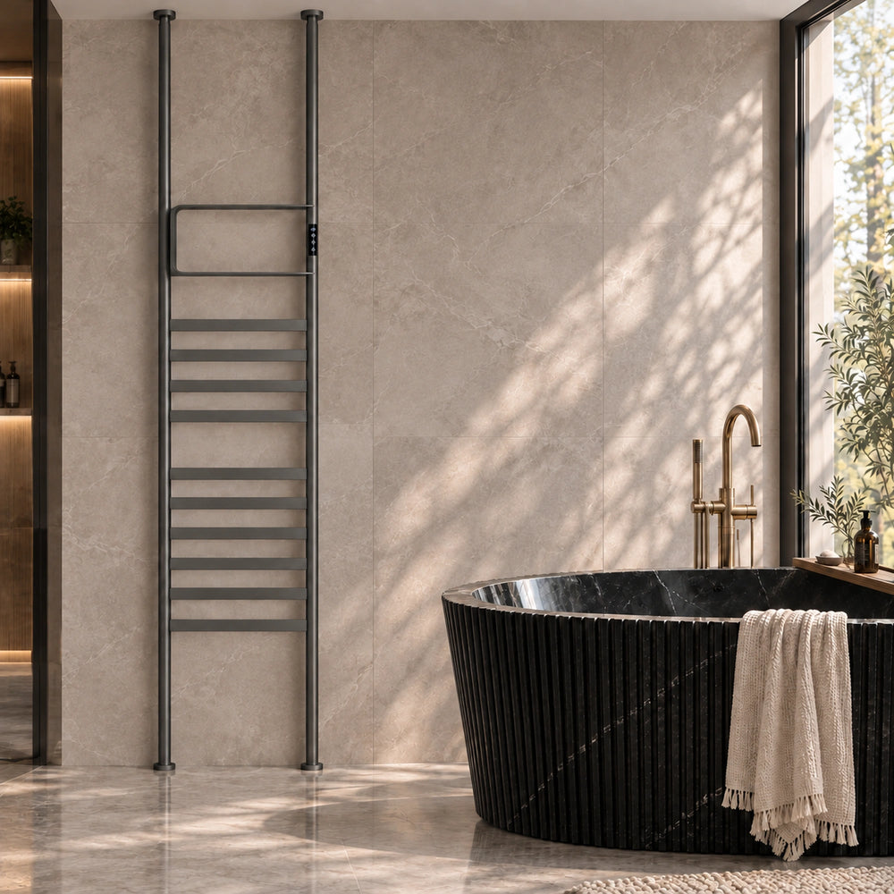 Inyouths Skylith smart vertical heated towel rack installed in modern bathroom setting