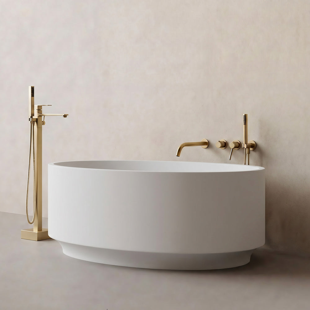 SYLARA 49-inch round freestanding solid surface soaking bathtub in white