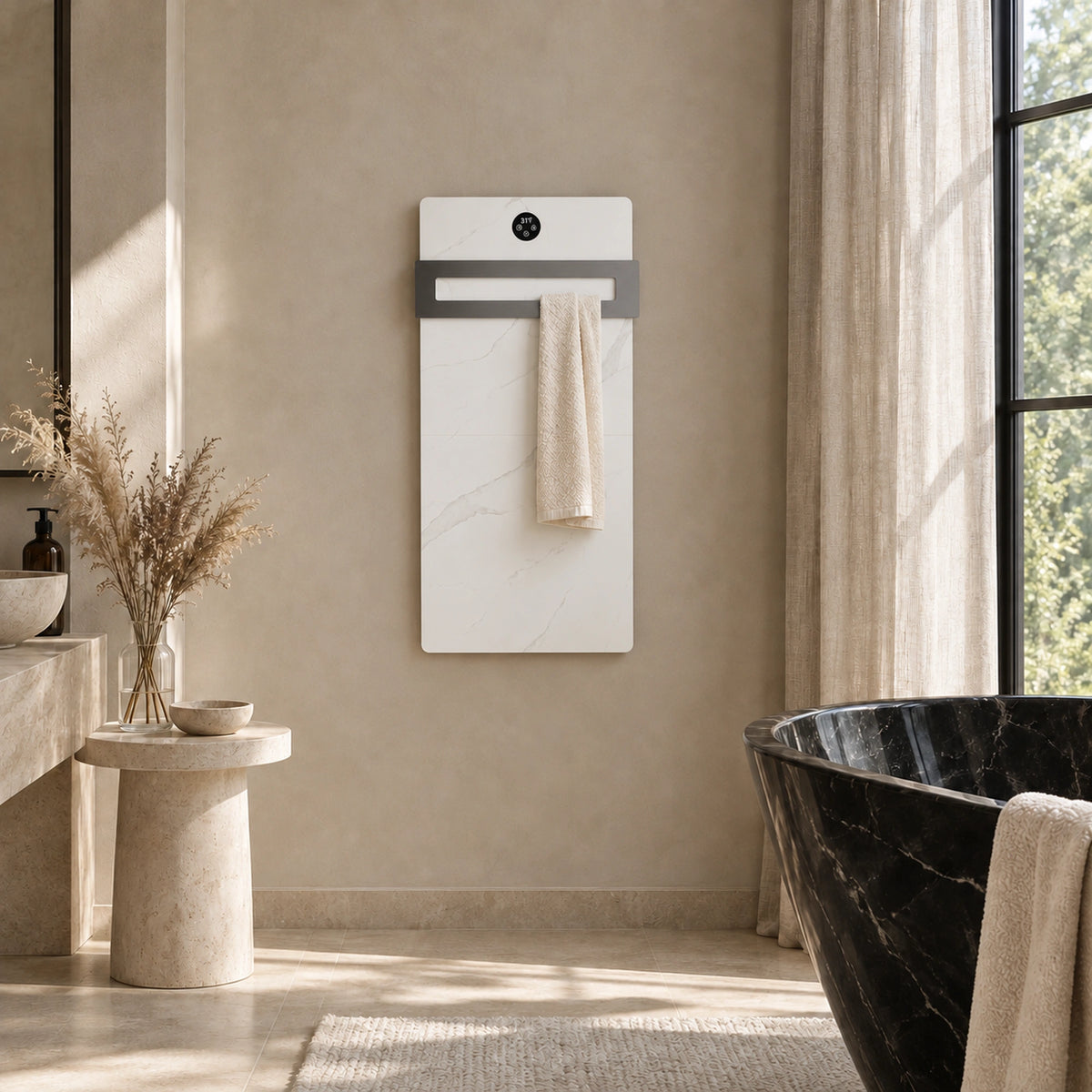 Inyouths Talora sintered stone heated towel rack front view in bathroom setting