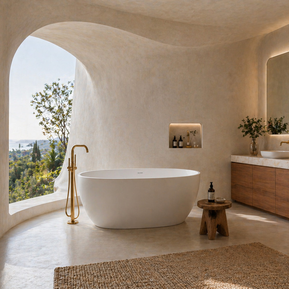 TORVAN freestanding solid surface deep soaking bathtub in white oval shape with gold floor faucet in minimalist bathroom