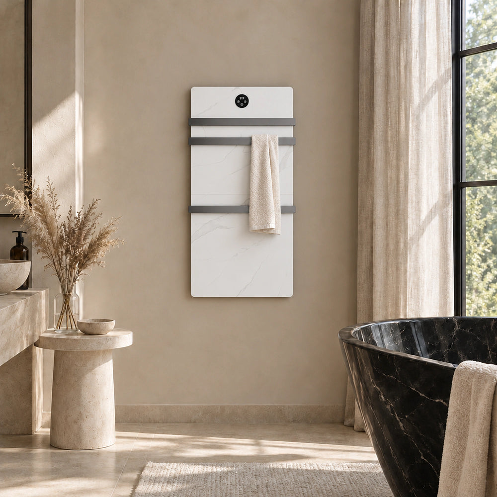 Inyouths Velora triple-bar sintered stone heated towel rack front view in bathroom setting
