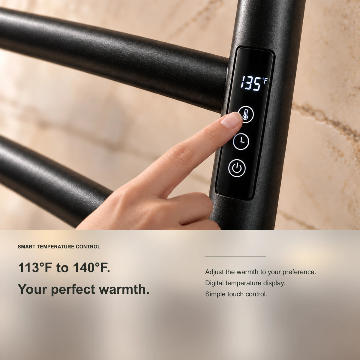 MIRA heated towel rack showing digital adjustable temperature control detail.