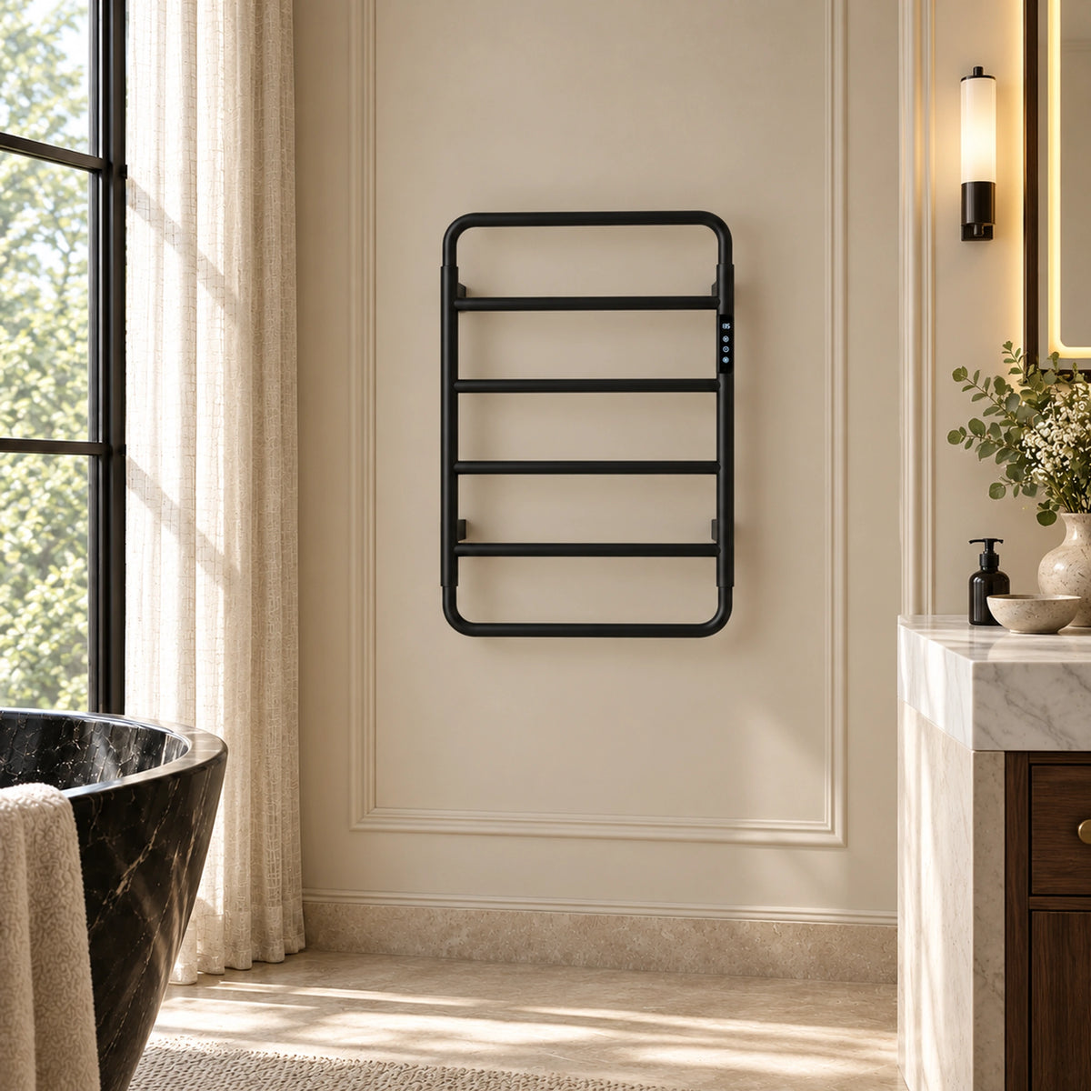 MIRA black heated towel rack with a rounded frame mounted in a bathroom setting.