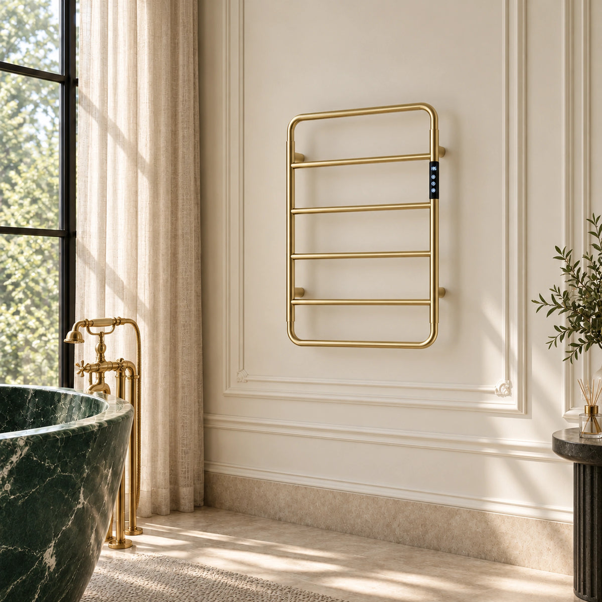 MIRA brushed gold heated towel rack with a rounded frame mounted in a bathroom setting.
