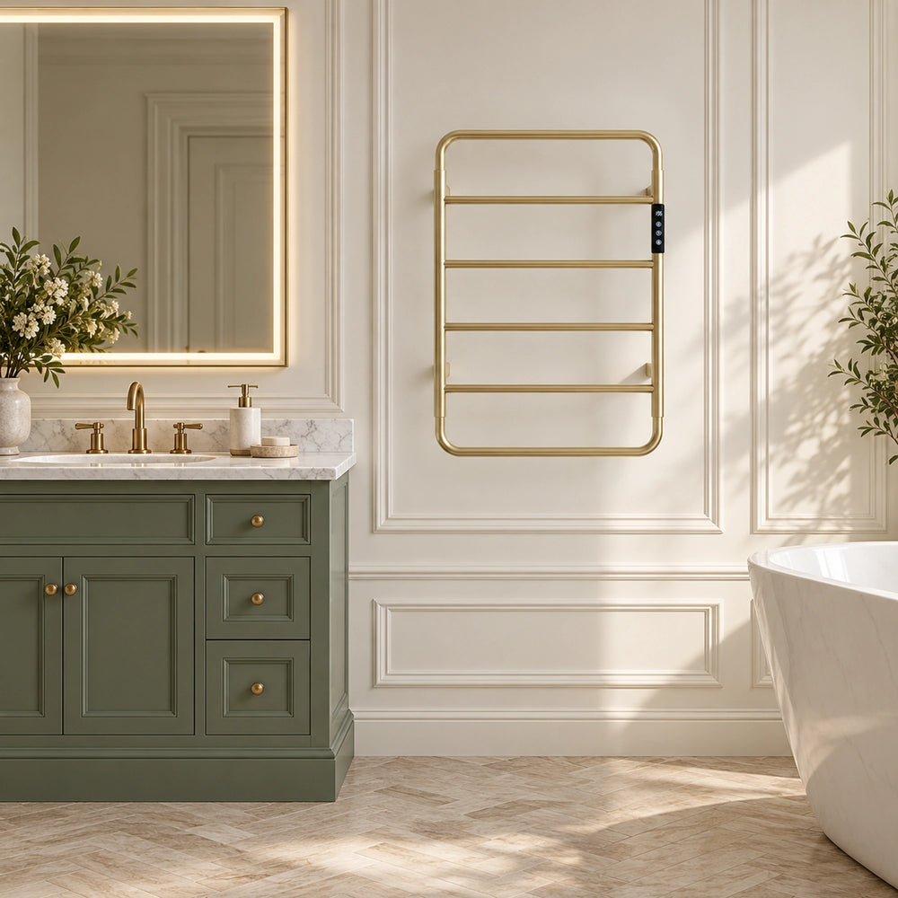 MIRA brushed gold heated towel rack with a rounded frame mounted in a classic french bathroom.