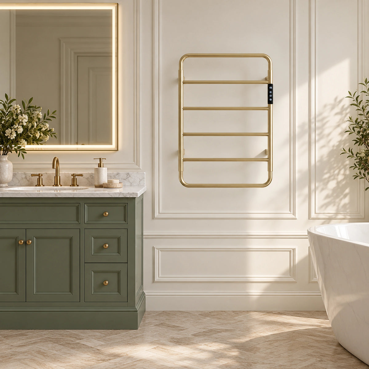 MIRA brushed gold heated towel rack with a rounded frame mounted in a classic french bathroom.