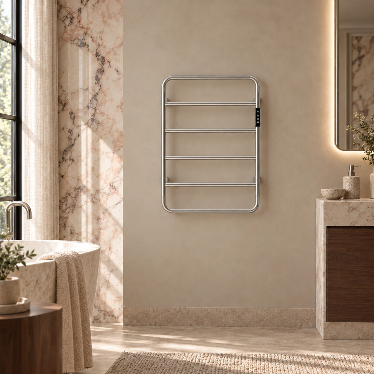 MIRA brushed silver heated towel rack with a rounded frame mounted beside a bathroom vanity.